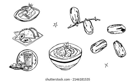 Hand-drawn collection of iftar menu containing dates, banana compote, spring rolls, and iced water