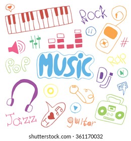Hand-drawn collection with music doodles. Music icons set. Vector illustration. 