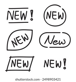 Hand-drawn collection scribble  doodle style "New" badge label, perfect for highlighting new products or features with a unique touch.