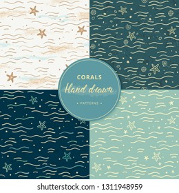 Hand-drawn collection of sea seamless patterns with additional elements in different colors. Marine seamless patterns with sea waves and stars.