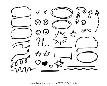 A hand-drawn collection of Sketch underline, emphasis, arrow shape set. Crown, speech bubble, underline, sparkle element. Vector illustration. 