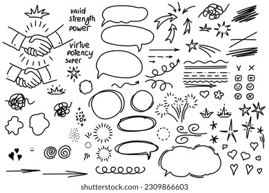 A hand-drawn collection of sketch underline, emphasis, arrow shape set. crown, speech bubble. Vector illustration
