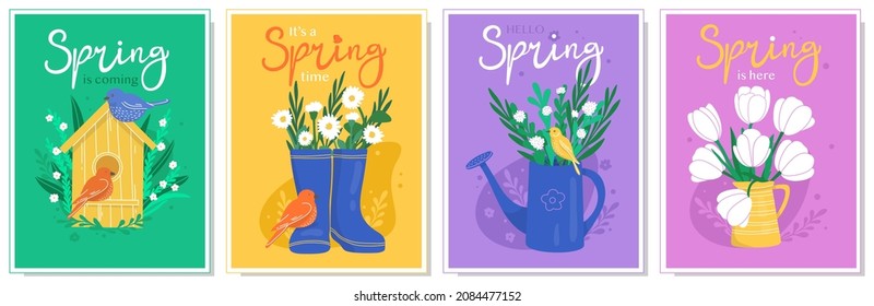 Hand-drawn collection of spring cards with flowers and birds. Colorful vector illustration.