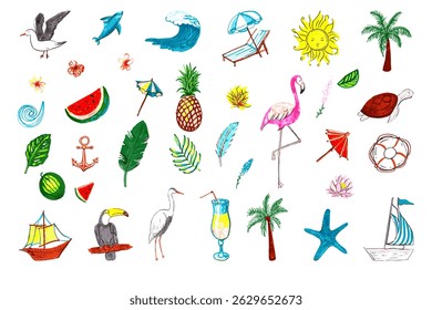 Hand-drawn collection of summer and beach-themed elements, showcasing tropical wildlife, vacation essentials, and scenic coastal beauty with a refreshing, colorful touch.