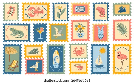 Hand-drawn collection of summer-themed stamps in vintage design. Features tropical animals, coastal plants, seafood, fruits, travel-related elements. Ideal for seaside vacation projects, packaging.