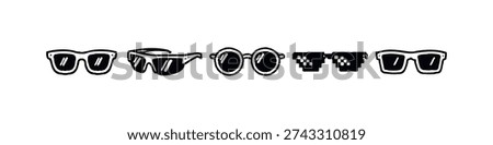 Hand-drawn collection of sunglasses and pixelated glasses icons, symbolizing various styles.