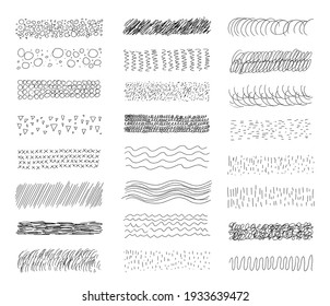 A hand-drawn collection of a variety of abstract brushes, textures from thin hand-drawn lines of different shapes. Set of doodle swirling and straight shapes isolated on white background.
