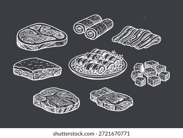 Coleção desenhada à mão de vários cortes de carne e preparações