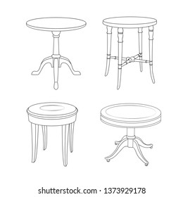 Hand-drawn collection of various round coffee tables. Linear drawing. Isolated vector objects on white background. Clipart. 