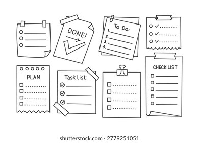 Handdrawn collection of various todo lists checklists and plan notes for organization and productivity