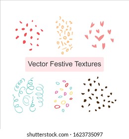 Hand-drawn collection with vector textures. Dots, hearts, circles, confetti patterns. Doodle set for cards, wallpaper, background