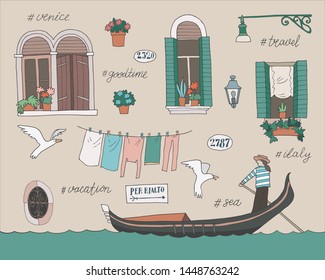 Hand-drawn collection of venetian architectural details. Lettering in italian - Per Rialto (To Rialto)