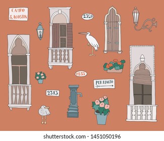 Hand-drawn collection of venetian architectural details.  Lettering in italian - Per Rialto (to Rialto bridge), Campo S. Agostin (street name)