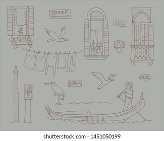 Hand-drawn collection of venetian architectural details. Venetian gondola. Lettering in italian - Per Rialto (to Rialto bridge)