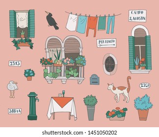 Hand-drawn collection of venetian architectural details. Lettering in italian - Per Rialto (to Rialto bridge), Campo S. Agostin (street name)