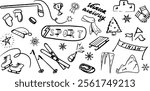 Hand-drawn collection of winter sports and activities doodles, including ice skates, skis, gloves, sledges, snowflakes, mountains, and festive icons, emphasizing fun and adventure in the snow.