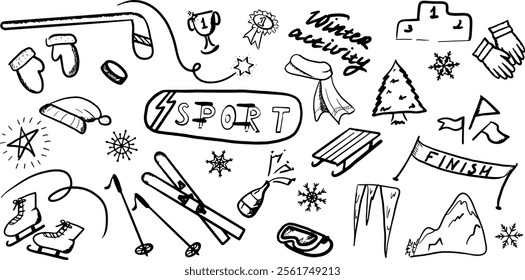 Hand-drawn collection of winter sports and activities doodles, including ice skates, skis, gloves, sledges, snowflakes, mountains, and festive icons, emphasizing fun and adventure in the snow.