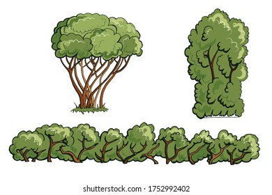 Hand-drawn color bush set. vector illustration