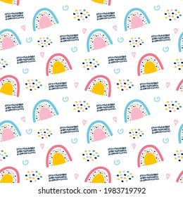 hand-drawn color childish simple pattern for children with a cute rainbow in the Scandinavian style, stripes,hearts on a white background. Design of fabric, paper for scrapbooking. Vector illustration