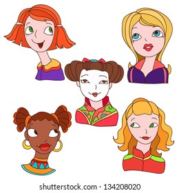 Hand-drawn color doodles with girls set cartoon face