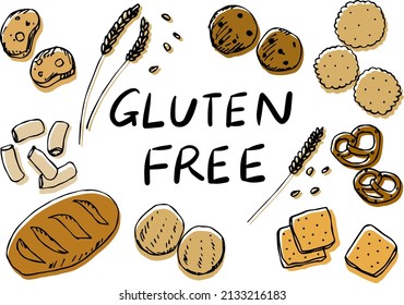 Ilustración a mano de la comida sin gluten (galletas, pan, pasta, galletas, galletas)