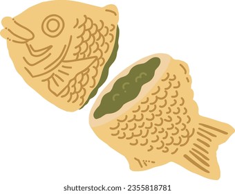 Hand-drawn color illustration of matcha creamTAIYAKI with strained bean paste cut in half.