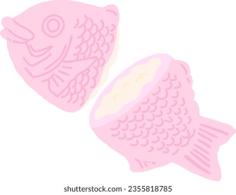 Hand-drawn color illustration of strawberry milk TAIYAKI cut in half.