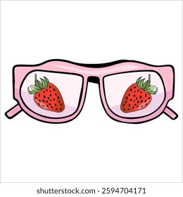 Hand-drawn color illustration of sunglasses reflecting a juicy strawberry