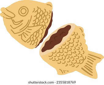 Dibujo a mano a color de TAIYAKI con pasta de chocolate cortada a la mitad.