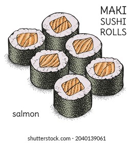 Hand-drawn Color illustrations of sushi rolls with salmon. Maki roll with fish. Collection vector isolated objects on a white background. For the design of menu pages, recipes, advertising