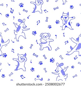 Hand-drawn color seamless pattern with cute dogs. Children's texture with dogs. Dogs print. Pets.