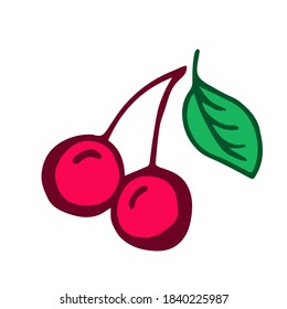 Hand-drawn color simple vector drawing. Two bright pink cherries, green leaf isolated on white background. Garden berries, fruits, menu ingredient. For label prints, packaging.