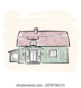 A hand-drawn color sketch of the facade of a traditional Scandinavian wooden house with a red tiled roof, brick chimney and porch