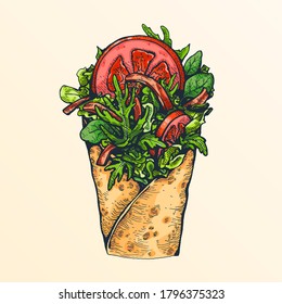 Hand-drawn color sketch of mexican burrito. Isolated salad, sliced ​​tomatoes and bacon wrapped in a delicious tortilla in a linear style.