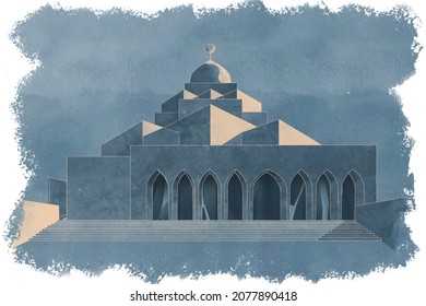A hand-drawn color sketch (with digital pencil and brush) of the modern Kangbashi mosque in Ordos City, China. Modern islamic architecture 