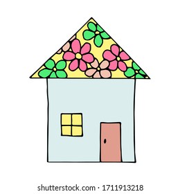 Hand-drawn color vector drawing. Cute cartoon little house, roof flower ornament, sweet home, light blue, pink, yellow. Children's print t-shirt, sticker, label. Decor, album, notebook, clothes.