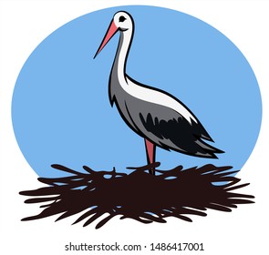 hand-drawn color vector illustration - crane on the nest