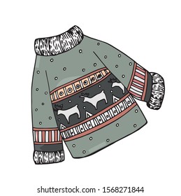 Hand-drawn color vector illustration of a warm winter sweater, with ornament, deer.