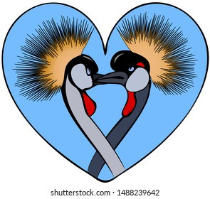 hand-drawn color vector illustration-the image of the heads of two crowned cranes, as if kissing, in a frame in the form of a heart
