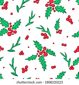 Hand-drawn color vector seamless pattern. Branches, green leaves and red berries of holly on a white background. For prints, packaging, textile products, postcard, New Year, Christmas designs.