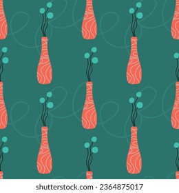 Hand-drawn color vector seamless pattern with vases and flowers.