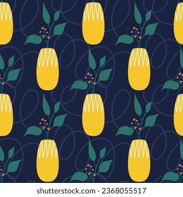 Hand-drawn color vector seamless pattern with vases and flowers.