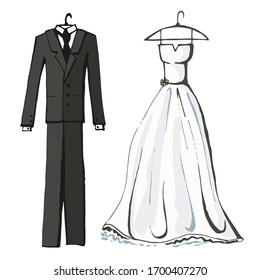 Hand-drawn color vector wedding dress and groom's suit