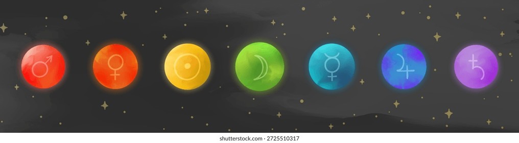 Hand-drawn color-coded planets with astrological symbols on a dark starry sky horizontal vector. Vibrant colors and soft glow. For astrology, zodiac, or space themes.