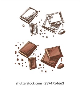 A hand-drawn colored amd monochrome sketch of pieces of chocolate bars. Vintage illustration. Element for the design of labels, packaging and postcards.