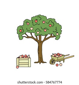 A hand-drawn colored apple-tree with red apples in a pushcart and a wooden box