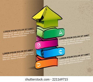 Hand-drawn colored up arrow with four steps ABCD on the grunge background