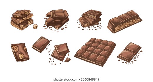 Hand-drawn colored chocolate illustrations set featuring bars and chunks