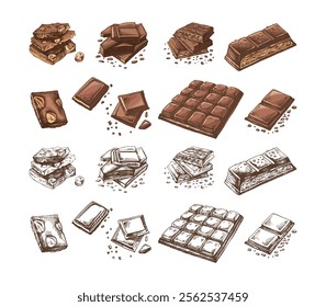 Hand-drawn colored chocolate illustrations set featuring bars and chunks