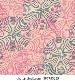 Hand-drawn colored circle spiral seamless pattern. Vintage background.